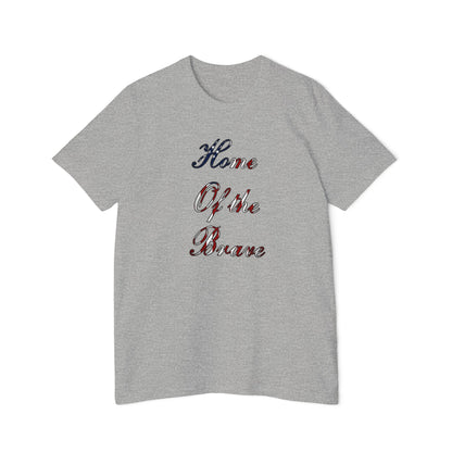 Light gray T-shirt with the phrase 'Home of the Brave' written in a decorative font, featuring an American flag pattern within the text