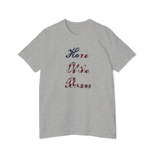 Light gray T-shirt with the phrase 'Home of the Brave' written in a decorative font, featuring an American flag pattern within the text