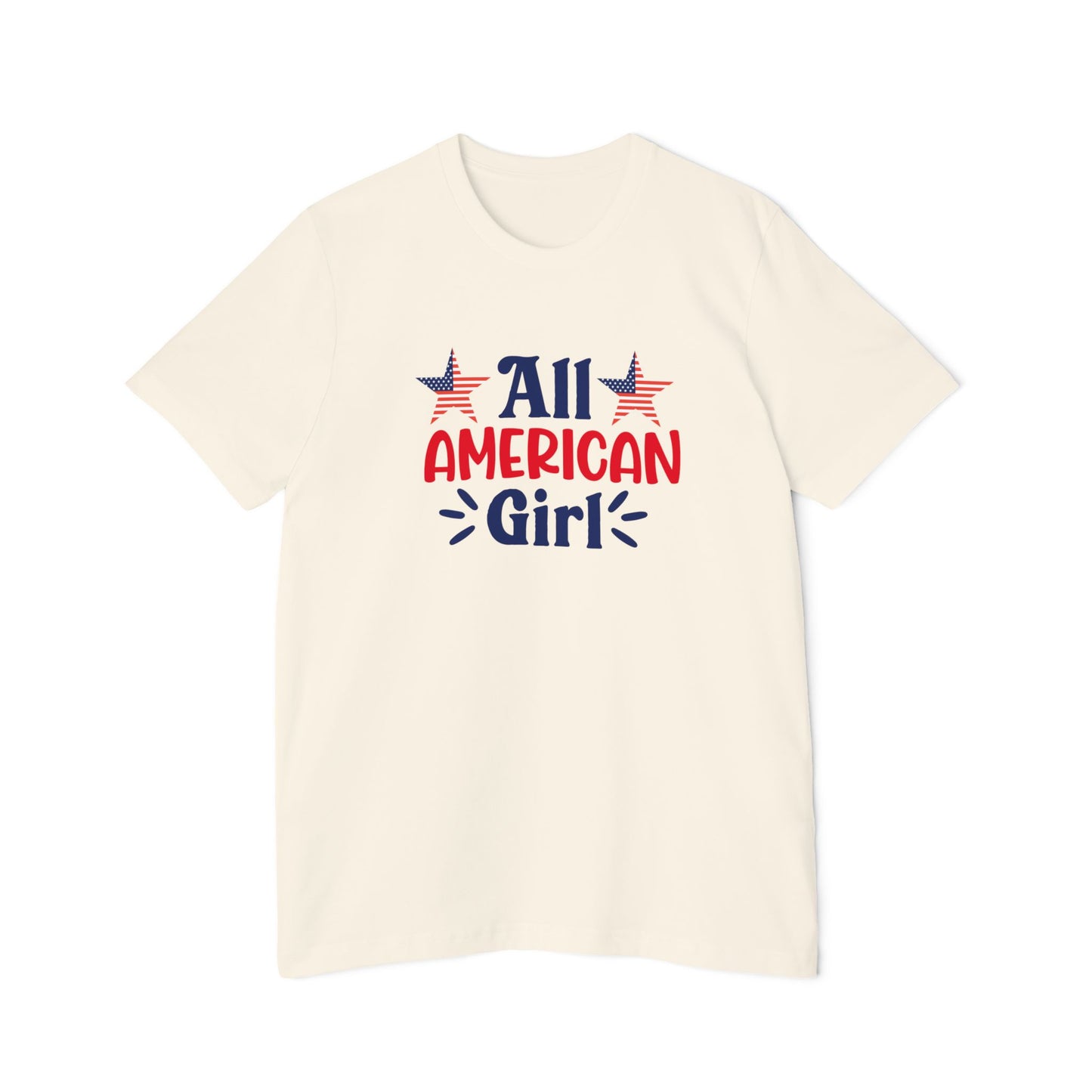 Beige T-shirt with 'All American Girl' text in red and blue, featuring two American flag stars above the text.