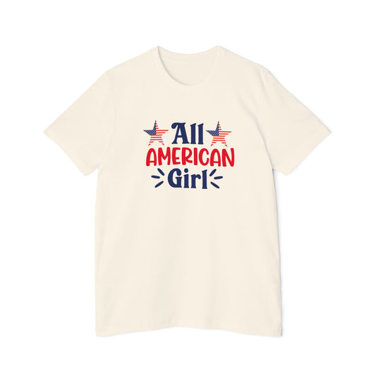 Beige T-shirt with 'All American Girl' text in red and blue, featuring two American flag stars above the text.