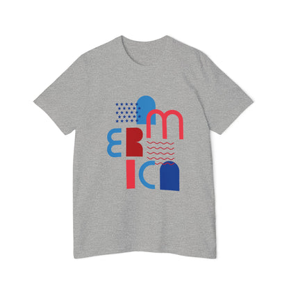 Light gray T-shirt with a modern, abstract design spelling 'America' using blue and red geometric shapes and patterns, including stars and wavy lines