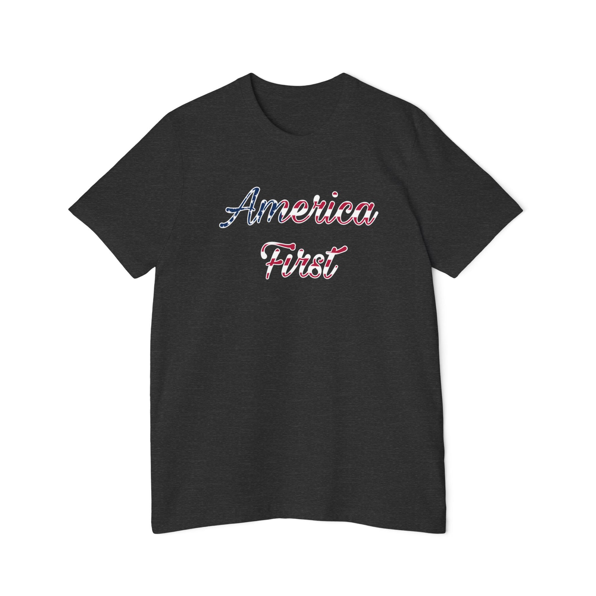 Dark gray T-shirt with 'America First' text in cursive, featuring an American flag pattern within the lettering