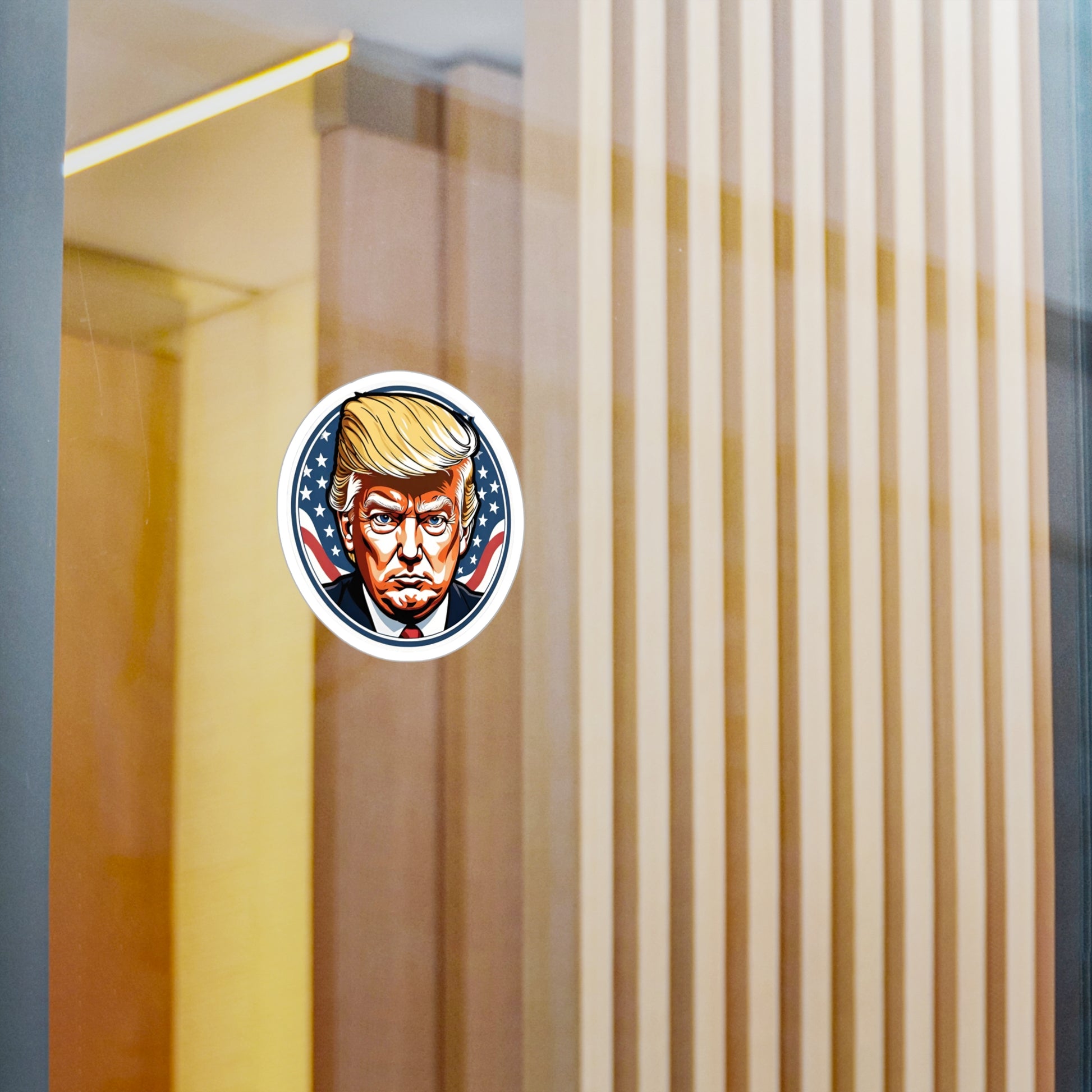 Round sticker featuring a bold, graphic illustration of a determined figure with distinctive golden hair. The background showcases stars and stripes, symbolizing the American flag, adding a patriotic theme to the design displayed on a window