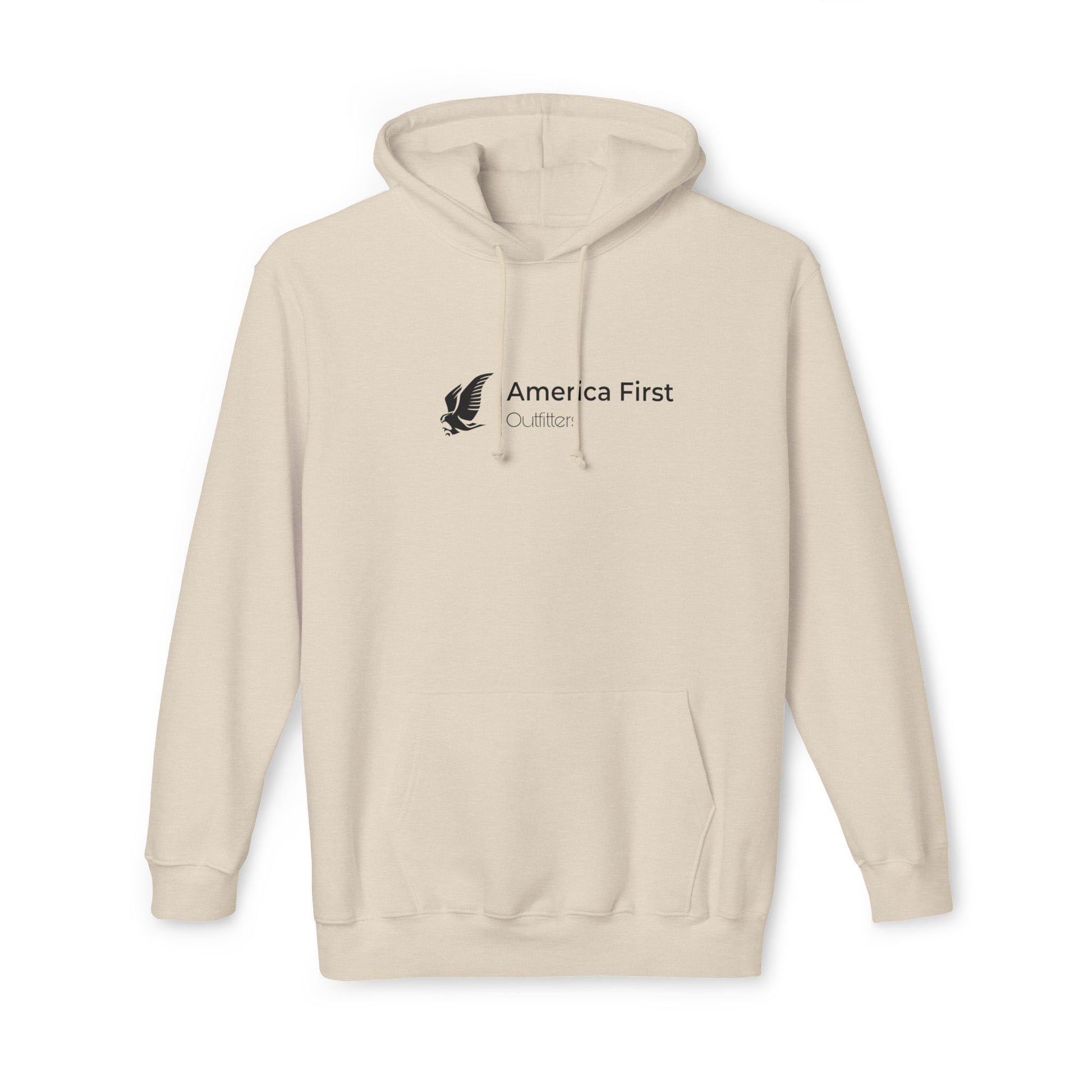 Light Beige hoodie with 'America First Outfitters' text in black, accompanied by an eagle graphic on the left side of the chest