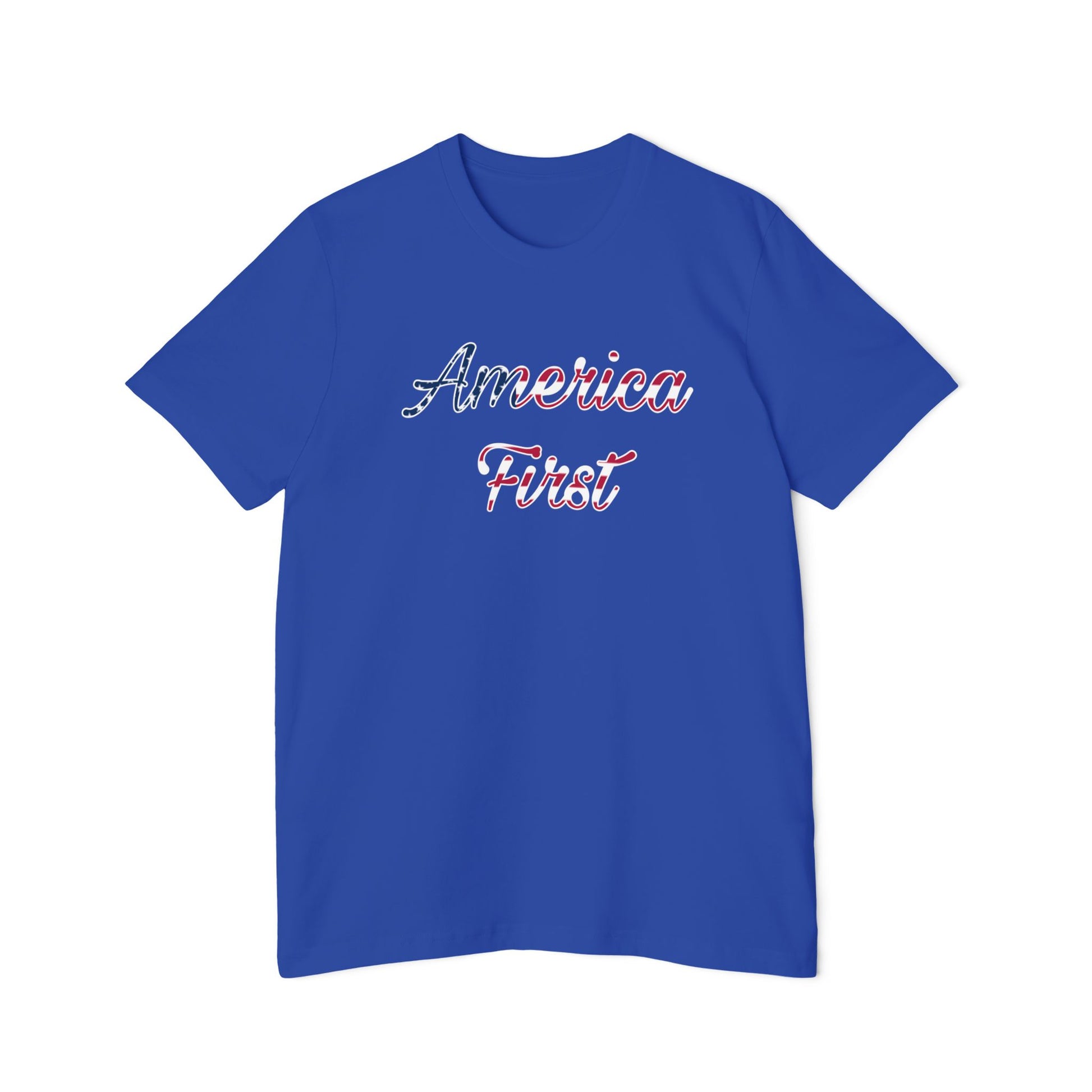 Blue T-shirt with 'America First' text in cursive, featuring an American flag pattern within the lettering