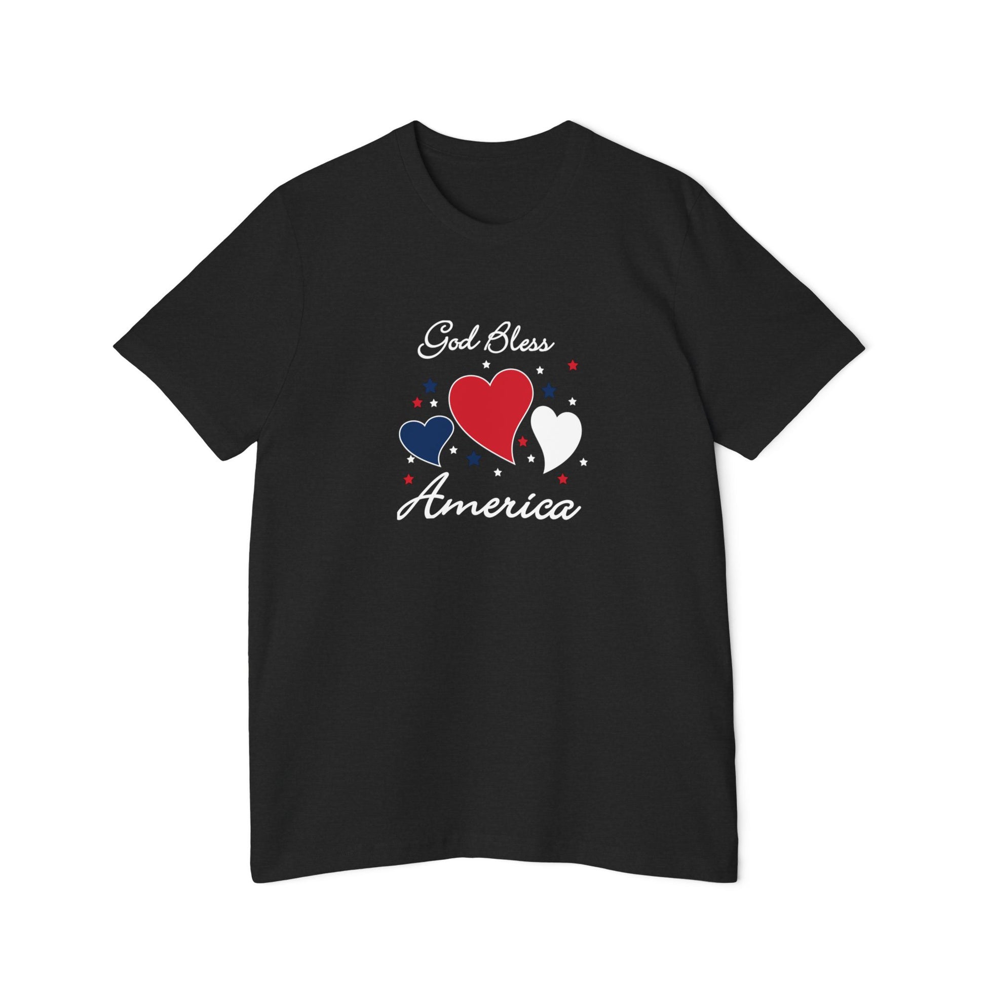 Black t-shirt with a design showing showing 3 blue, red and white hearts surrounded by blue, red and white stars with the words. God Bless America around the hearts and stars.