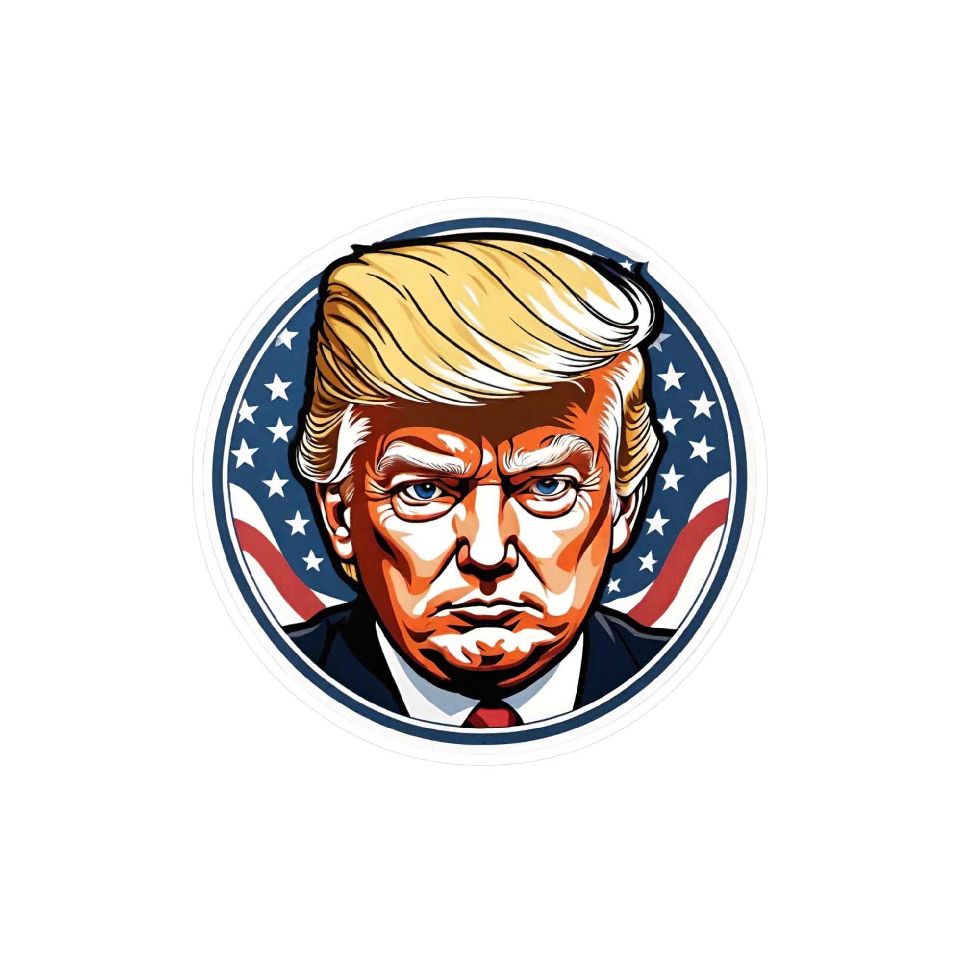 Round sticker featuring a bold, graphic illustration of a determined figure with distinctive golden hair. The background showcases stars and stripes, symbolizing the American flag, adding a patriotic theme to the design