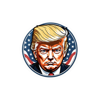 Round sticker featuring a bold, graphic illustration of a determined figure with distinctive golden hair. The background showcases stars and stripes, symbolizing the American flag, adding a patriotic theme to the design