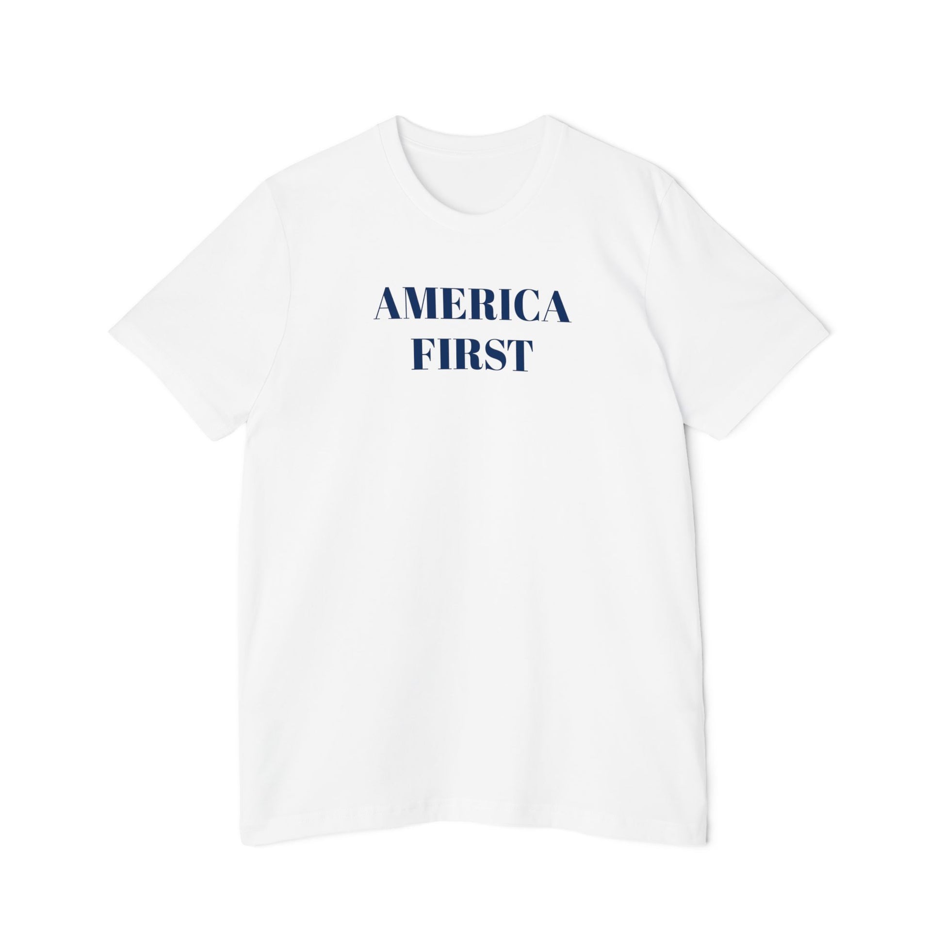 White t-shirt with the words 'America First' on the front.