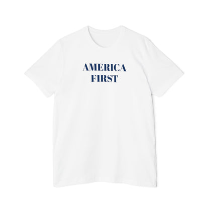 White t-shirt with the words 'America First' on the front.