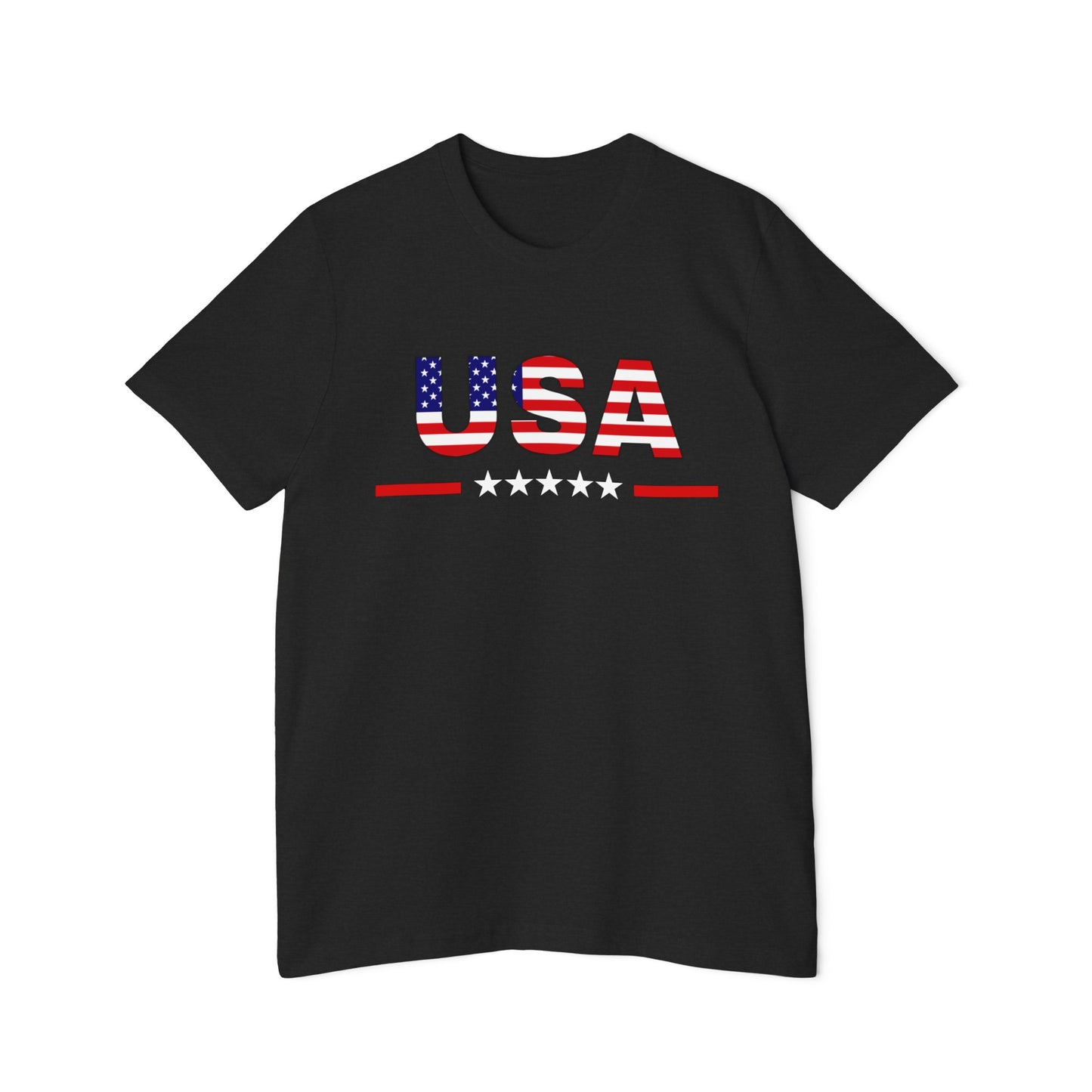 Black T-shirt featuring the word 'USA' in bold letters with an American flag pattern, above a row of stars and red lines