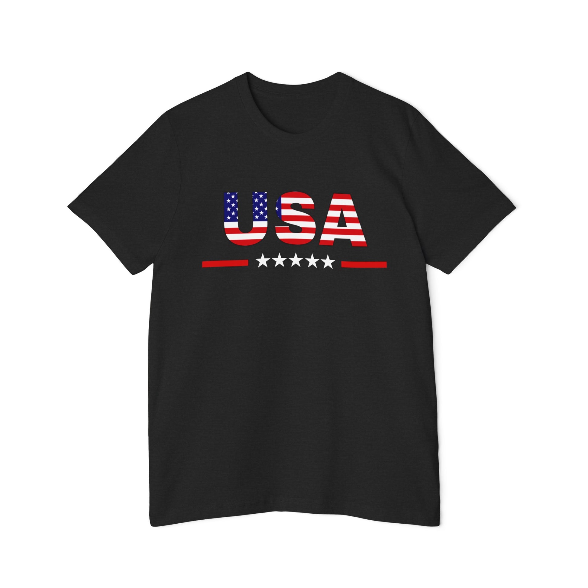 Black T-shirt featuring the word 'USA' in bold letters with an American flag pattern, above a row of stars and red lines