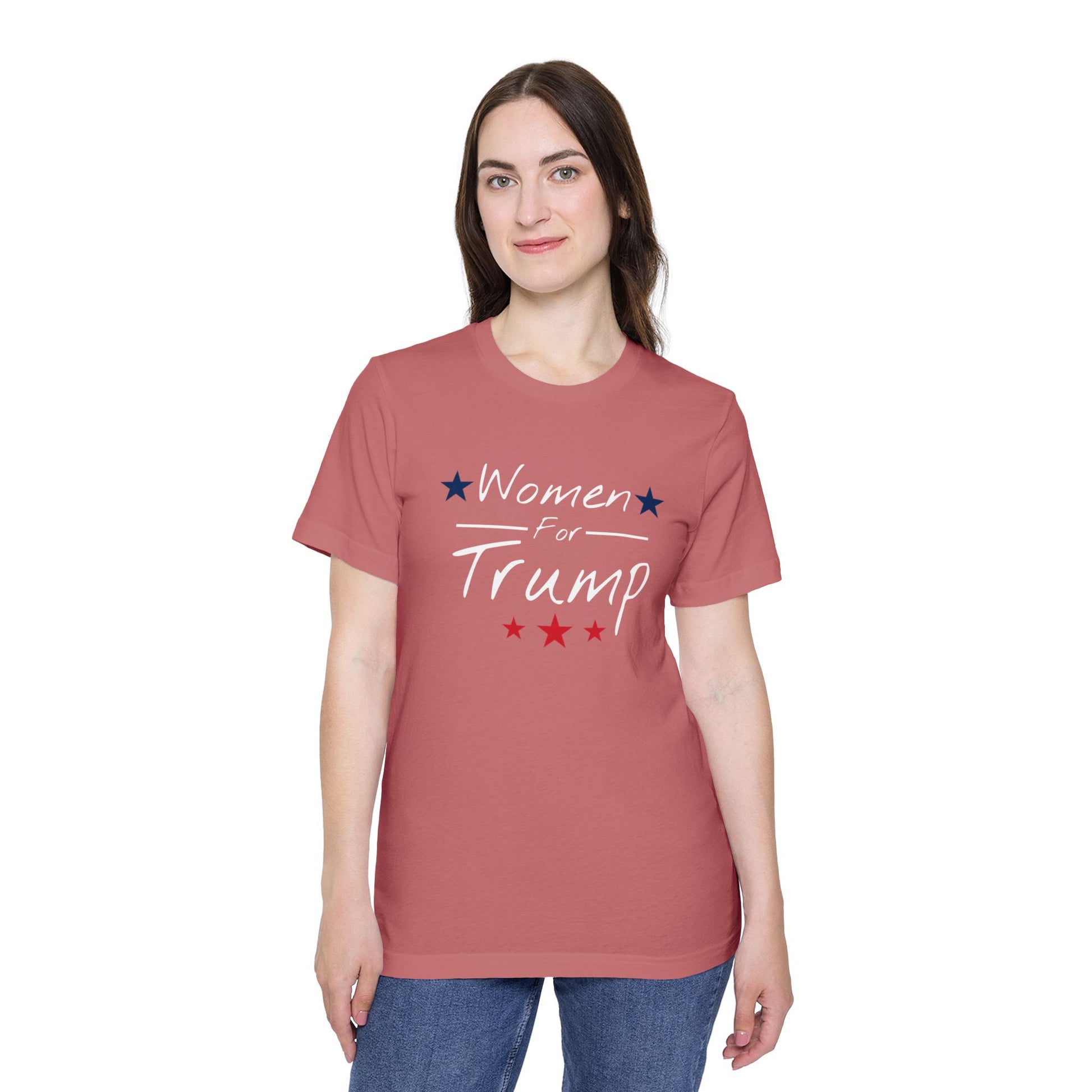 Woman wearing a pink Women For Trump T-shirt featuring bold 'Women For Trump' text in a modern, feminine design. Patriotic T-shirt supporting Donald Trump