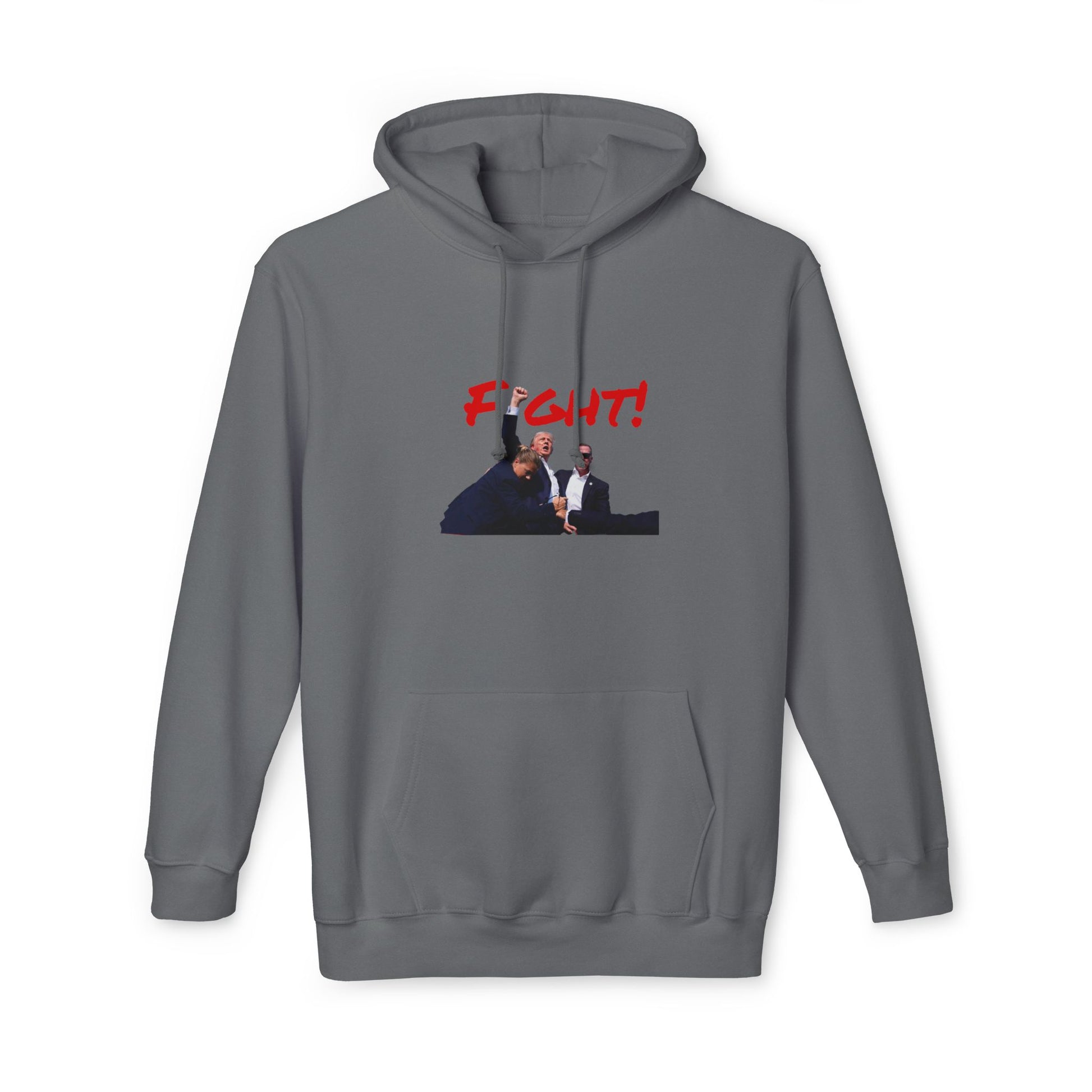 Dark gray Hoodie featuring an image of Donald Trump with security agents, with the words 'FIGHT!' in bold red text above the image