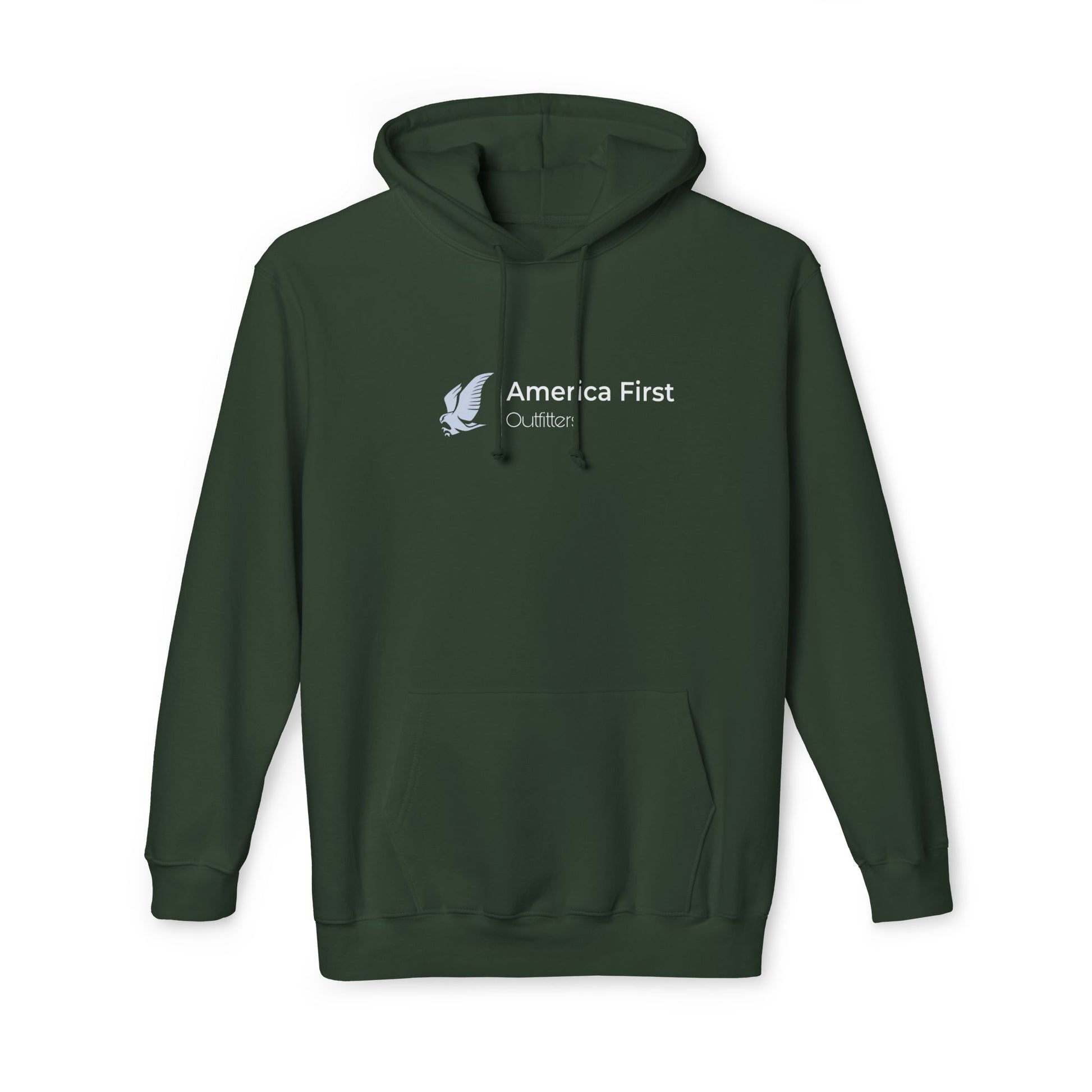 Military green hoodie with 'America First Outfitters' text in white, accompanied by an eagle graphic on the left side of the chest