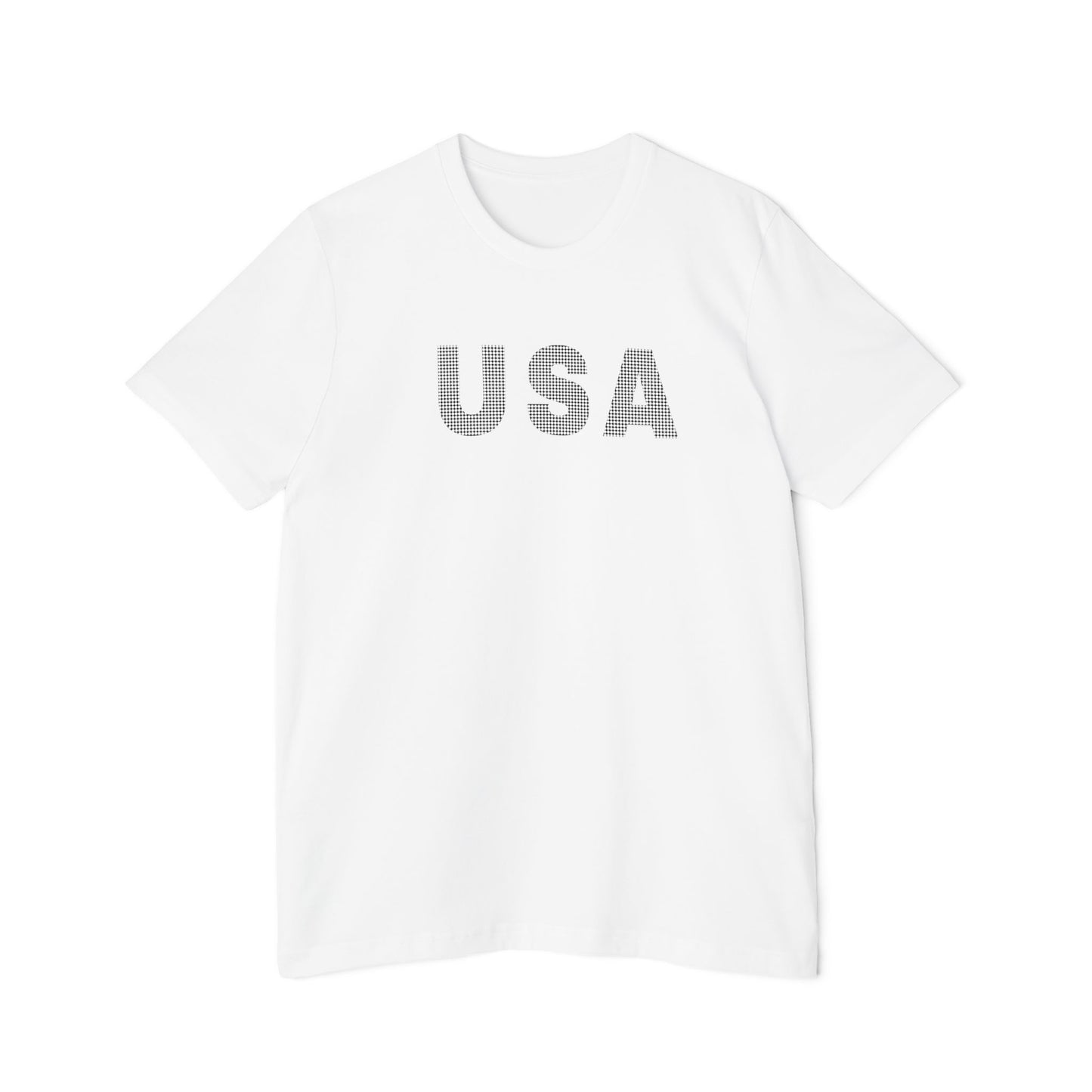 White T-shirt with the word 'USA' in bold, white capital letters with a dotted texture across the chest