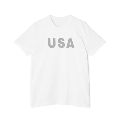 White T-shirt with the word 'USA' in bold, white capital letters with a dotted texture across the chest