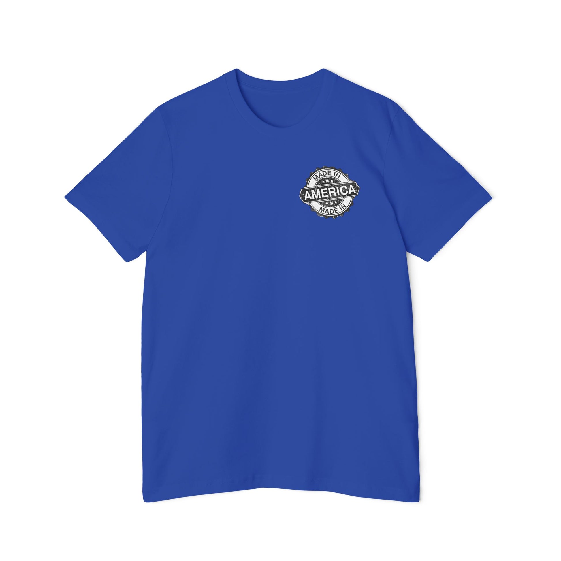 Blue T-shirt with a small 'Made in America' badge design on the left chest