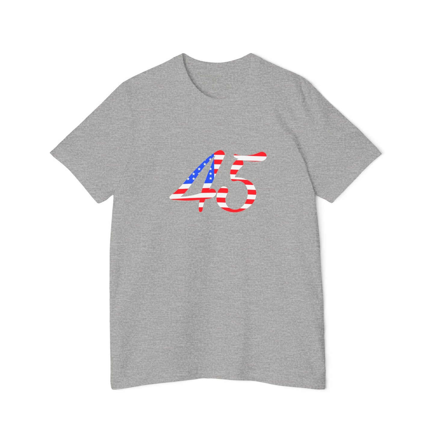 Light grey T-shirt featuring the number "45" on the front in a bold design filled with American flag colors.