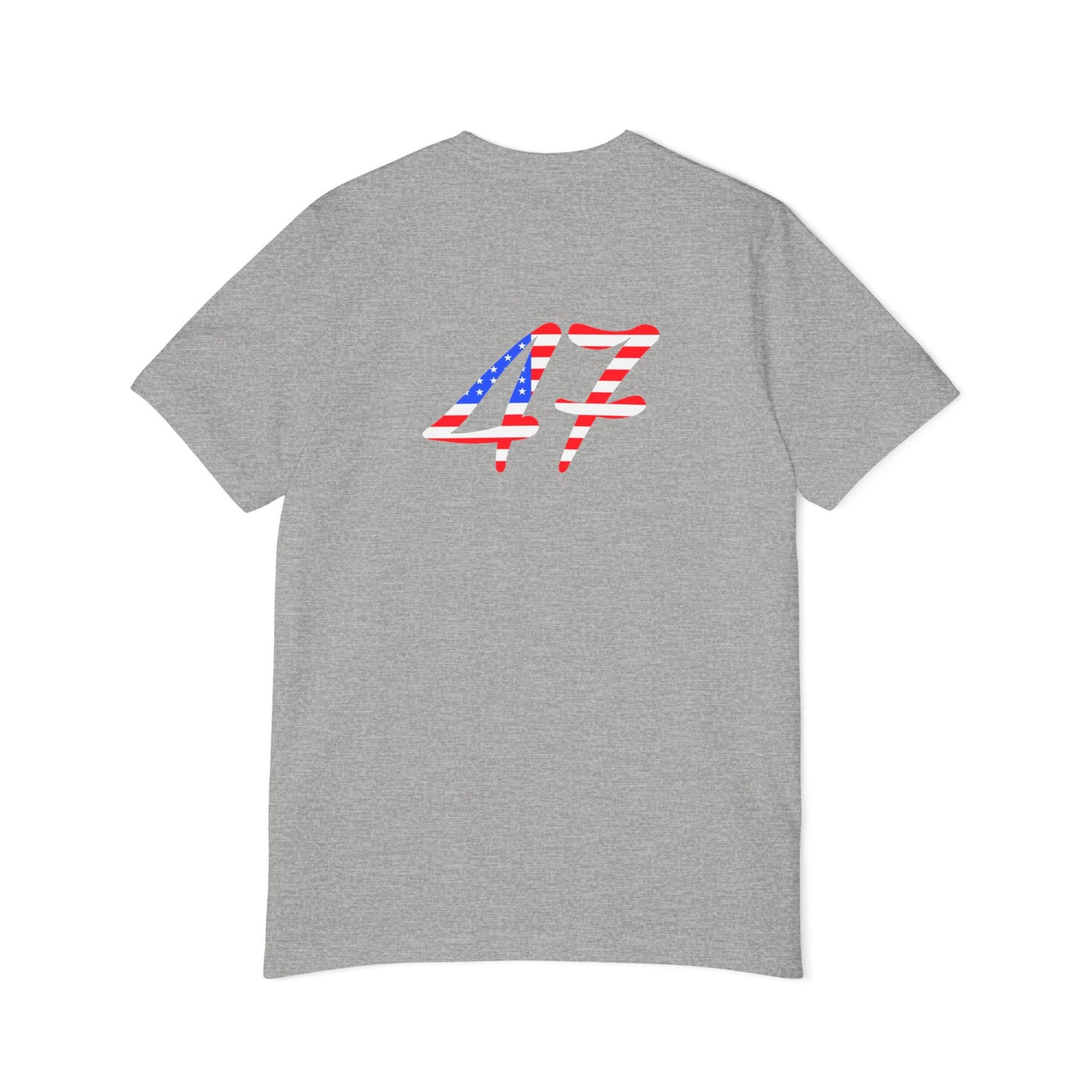 The back of a light grey T-shirt featuring the number "47" on it in a bold design filled with American flag colors.