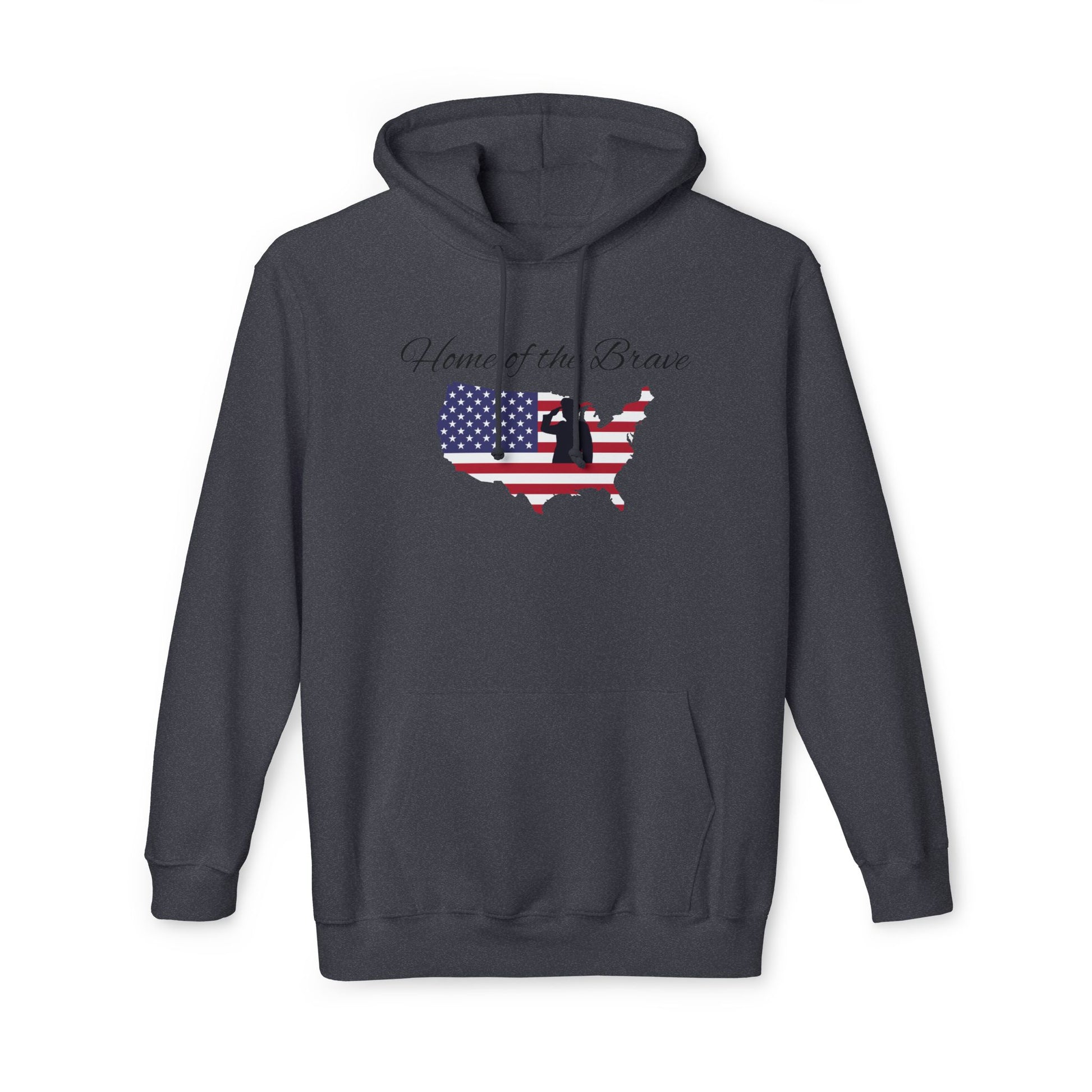 Dark gray hoodie featuring the phrase 'Home of the Brave' above a silhouette of the United States, with the American flag design filling the silhouette