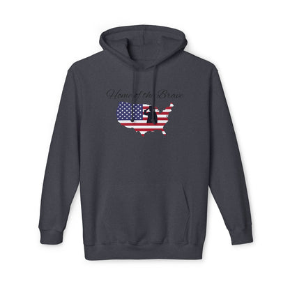 Dark gray hoodie featuring the phrase 'Home of the Brave' above a silhouette of the United States, with the American flag design filling the silhouette