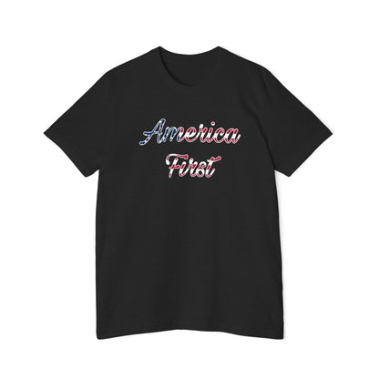 Black T-shirt with 'America First' text in cursive, featuring an American flag pattern within the lettering