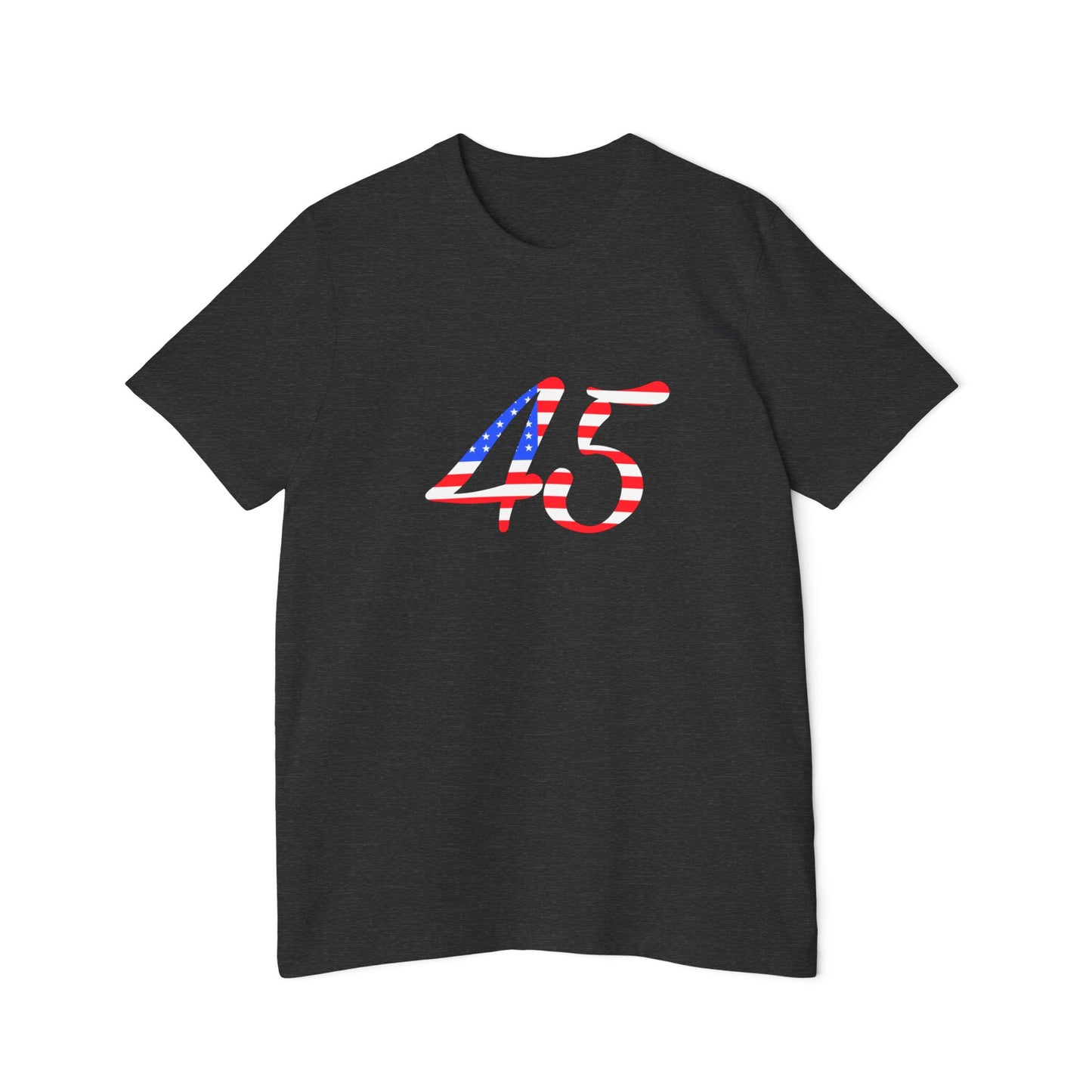 Dark grey T-shirt featuring the number "45" on the front in a bold design filled with American flag colors.