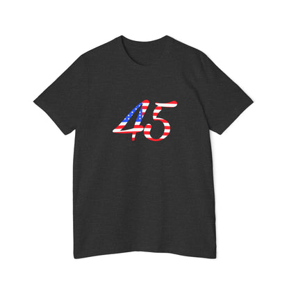 Dark grey T-shirt featuring the number "45" on the front in a bold design filled with American flag colors.