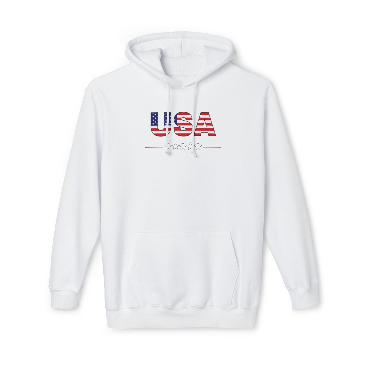 White hoodie featuring the text 'USA' in bold letters across the chest, with the letters filled with an American flag pattern. Below the text, there is a line with five stars, reinforcing a patriotic theme