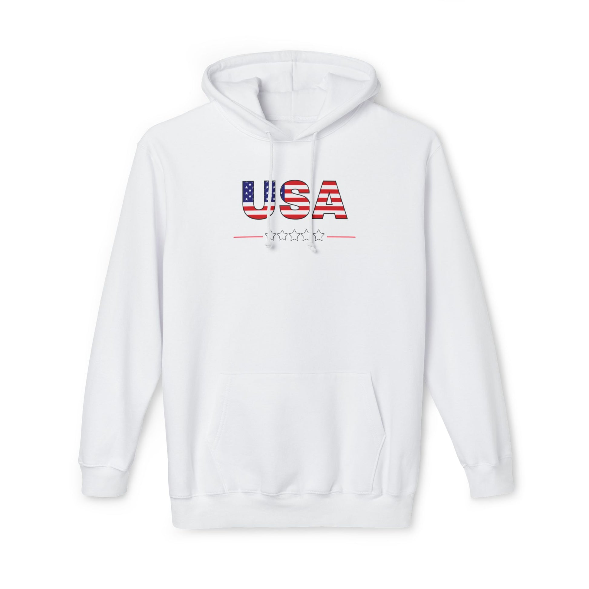 White hoodie featuring the text 'USA' in bold letters across the chest, with the letters filled with an American flag pattern. Below the text, there is a line with five stars, reinforcing a patriotic theme