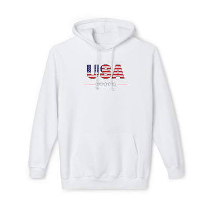 White hoodie featuring the text 'USA' in bold letters across the chest, with the letters filled with an American flag pattern. Below the text, there is a line with five stars, reinforcing a patriotic theme