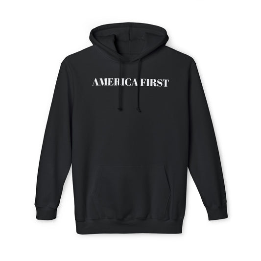 Black hoodie with 'America First' text in bold white capital letters across the chest