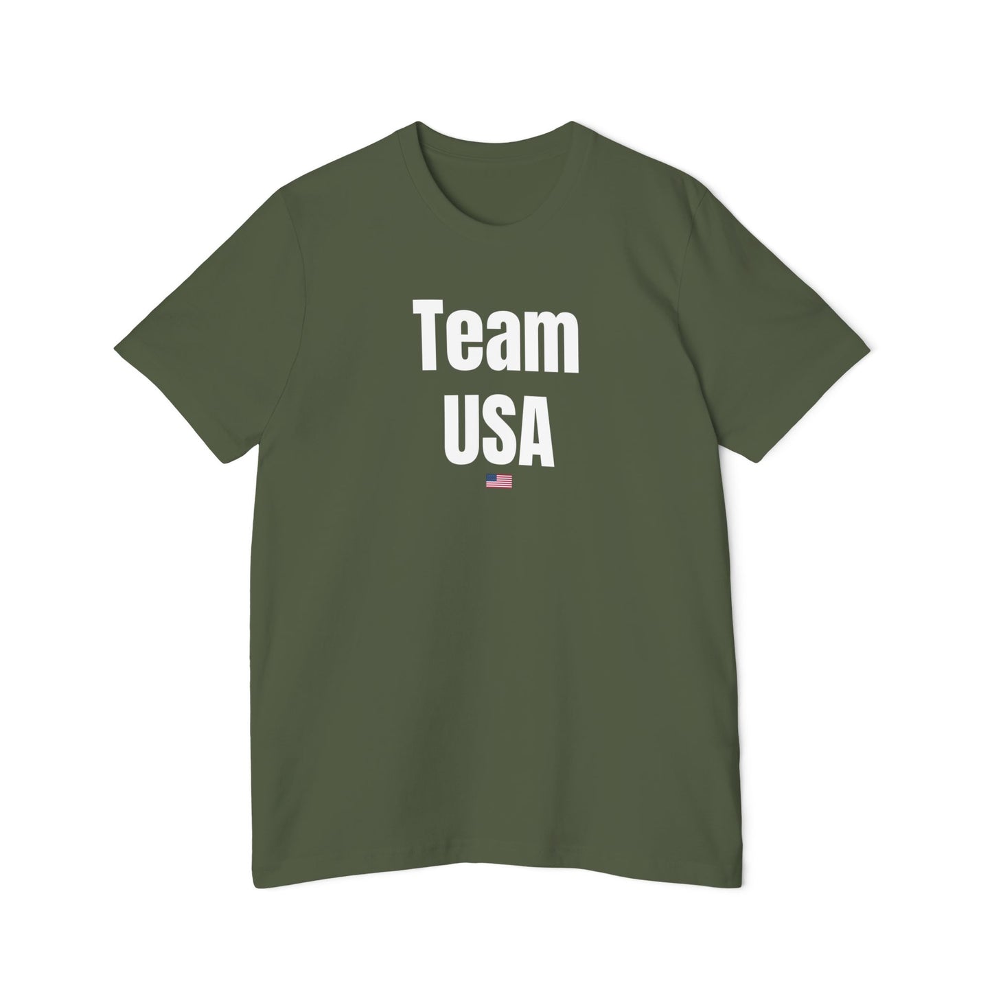 Military green Team USA T-shirt with bold 'Team USA' text and a small USA flag underneath. Simple patriotic design on a classic fit T-shirt.