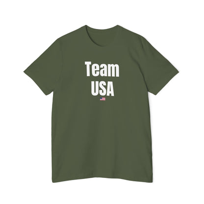 Military green Team USA T-shirt with bold 'Team USA' text and a small USA flag underneath. Simple patriotic design on a classic fit T-shirt.