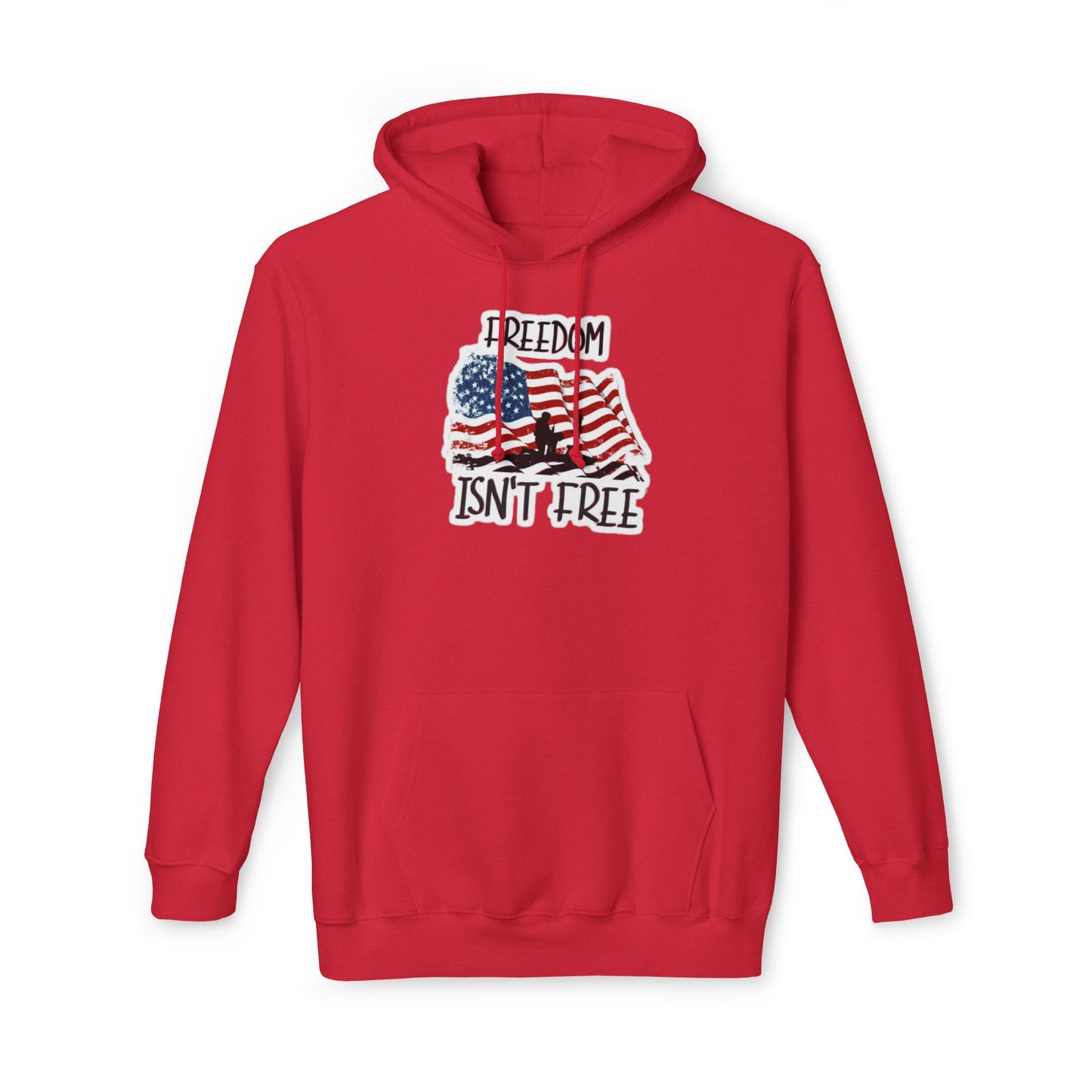 Red hoodie featuring a graphic of a waving American flag with a soldier silhouette and the text 'FREEDOM ISN'T FREE' in bold, distressed lettering