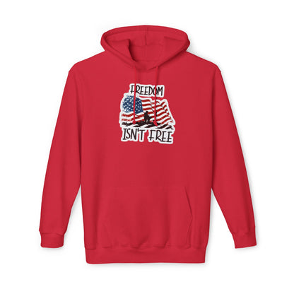 Red hoodie featuring a graphic of a waving American flag with a soldier silhouette and the text 'FREEDOM ISN'T FREE' in bold, distressed lettering