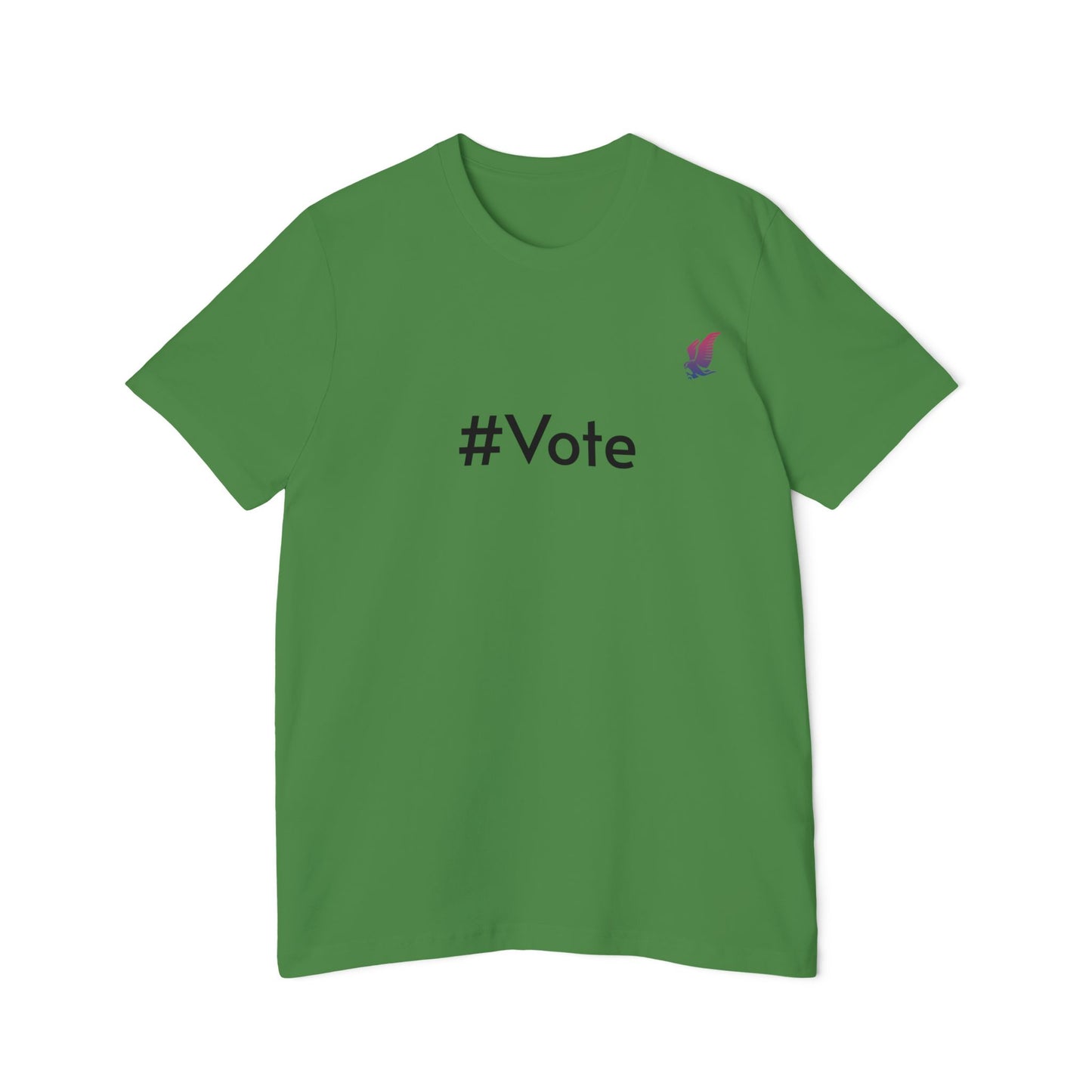 Green t-shirt with the words #Vote on the front. 