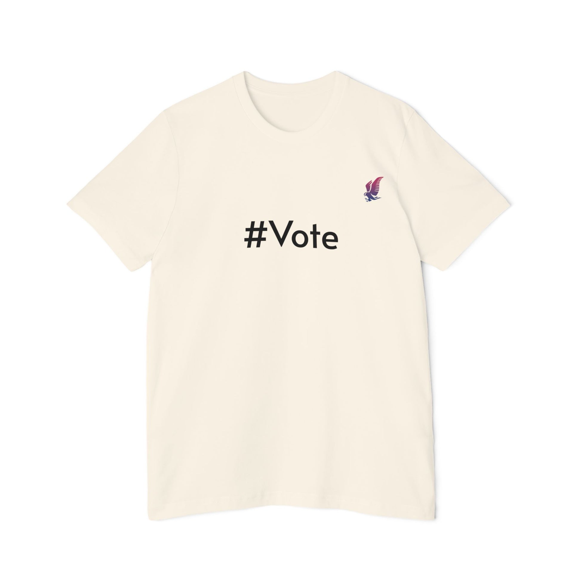 Cream-colored t-shirt with the words #Vote on the front. 