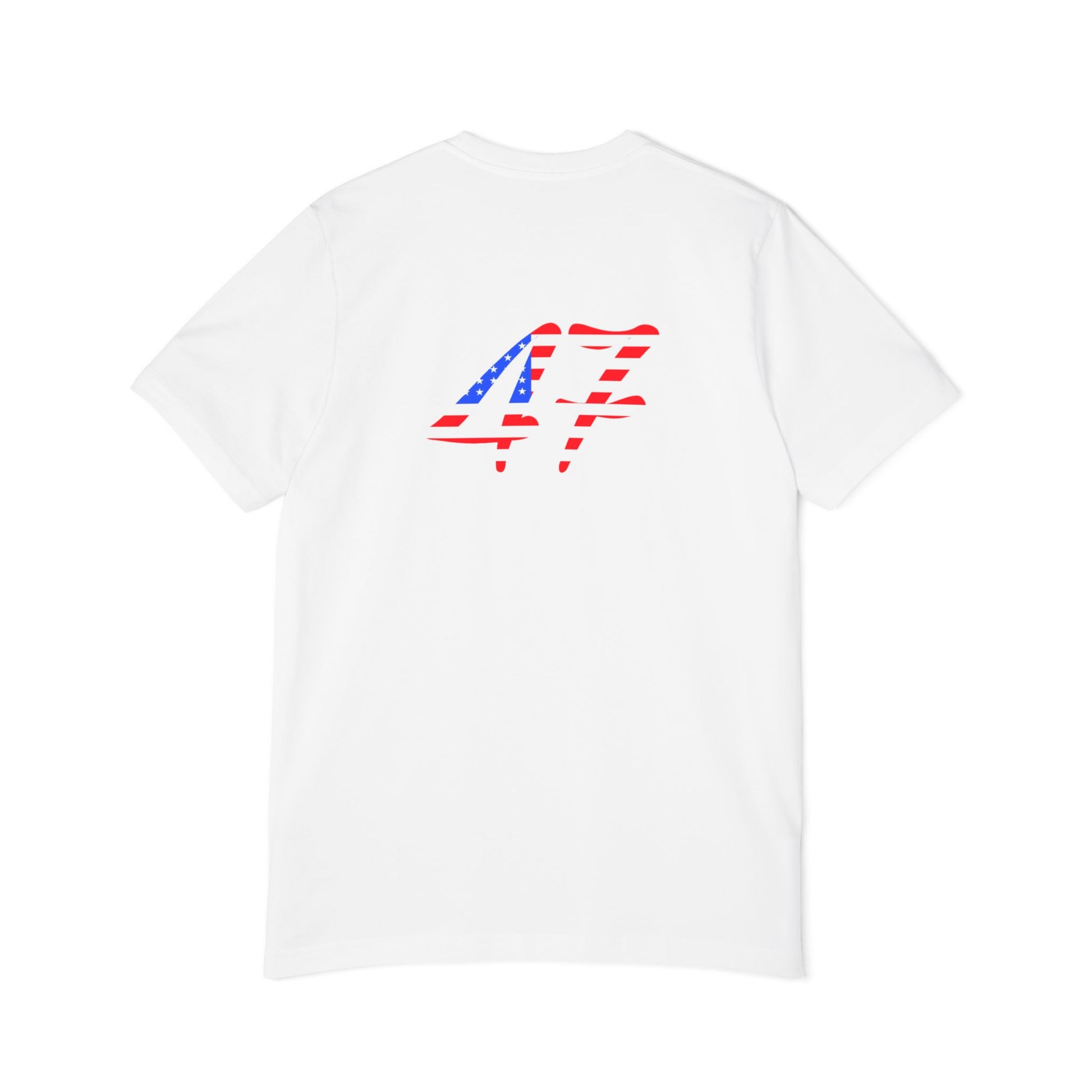 The back of a white T-shirt featuring the number "47" on it in a bold design filled with American flag colors.