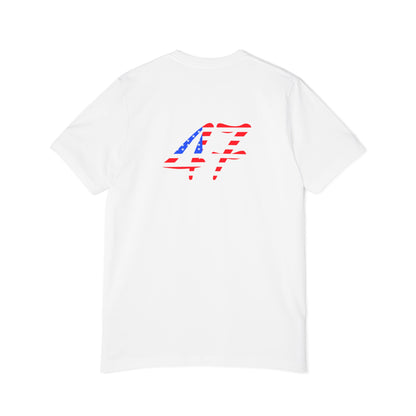 The back of a white T-shirt featuring the number "47" on it in a bold design filled with American flag colors.