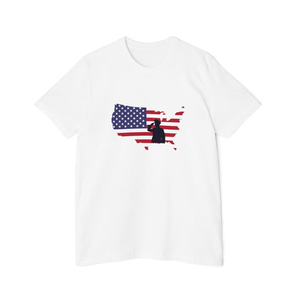 White T-shirt featuring the phrase 'Home of the Brave' above a silhouette of the United States filled with the American flag design and a soldier saluting