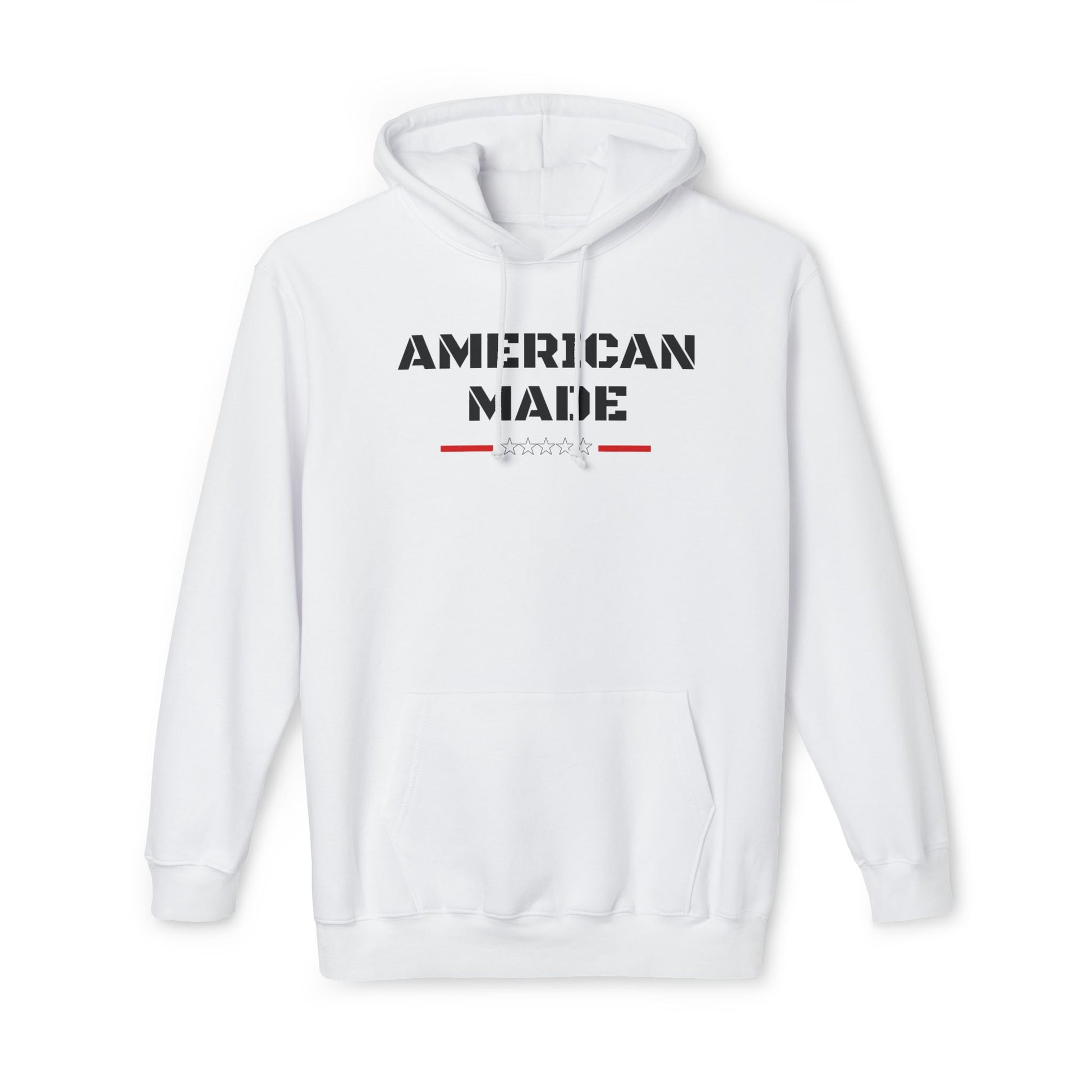 White hoodie with 'American Made' text in bold black stencil font, featuring a row of stars beneath the text, bordered by red lines