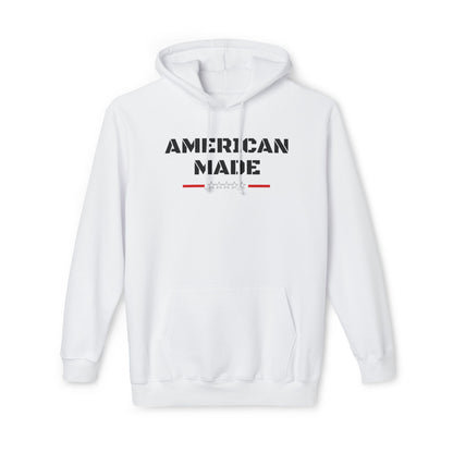 White hoodie with 'American Made' text in bold black stencil font, featuring a row of stars beneath the text, bordered by red lines