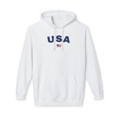 White hoodie with the text 'USA' in bold navy blue letters across the chest. Below the text, there is a small American flag