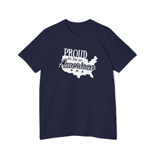 Navy T-shirt featuring the phrase 'Proud to be an American' over a white silhouette of the United States map with stars