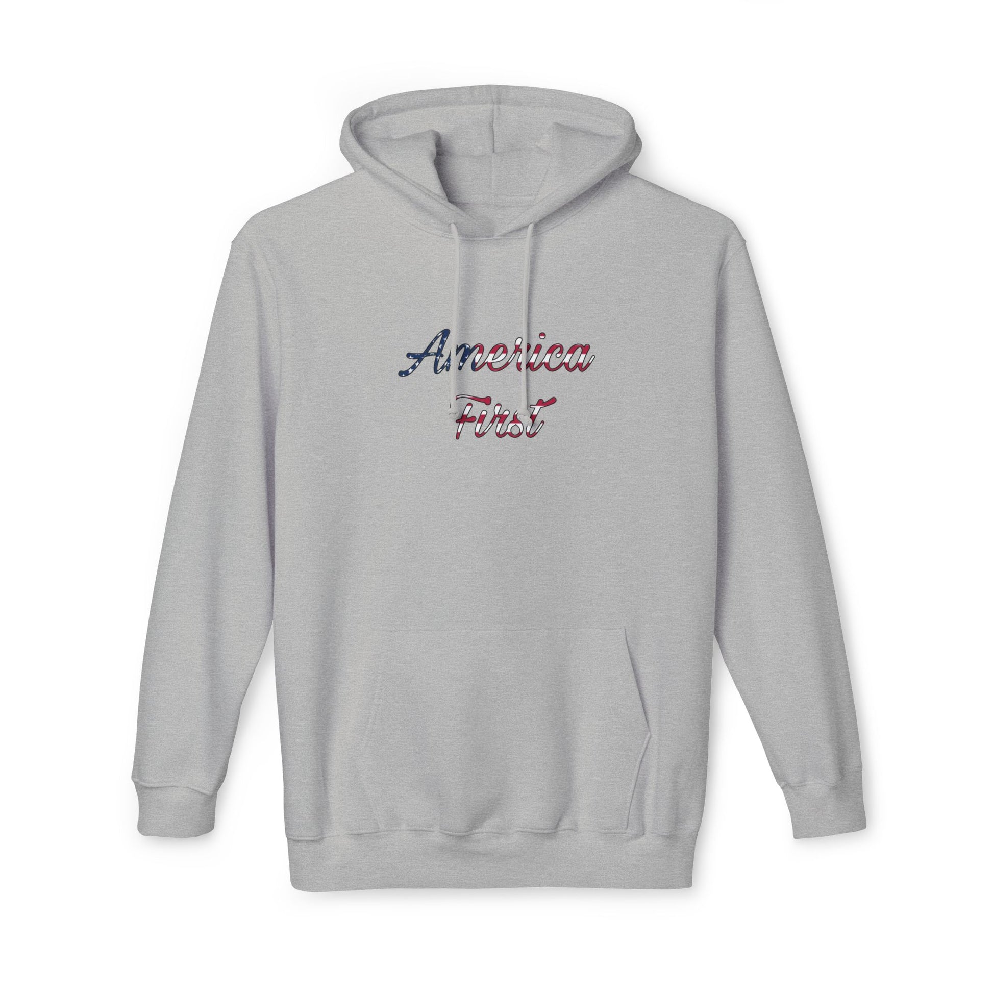 Light gray hoodie with 'America First' text in cursive, featuring an American flag pattern within the lettering