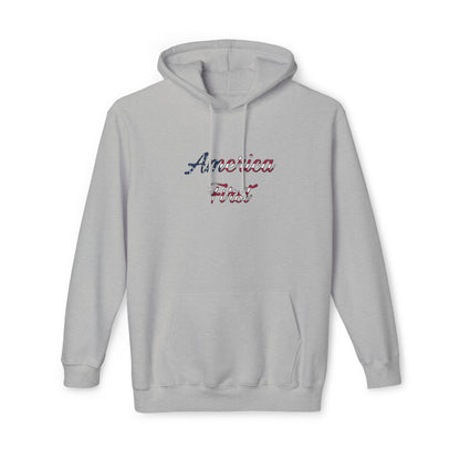 Light gray hoodie with 'America First' text in cursive, featuring an American flag pattern within the lettering