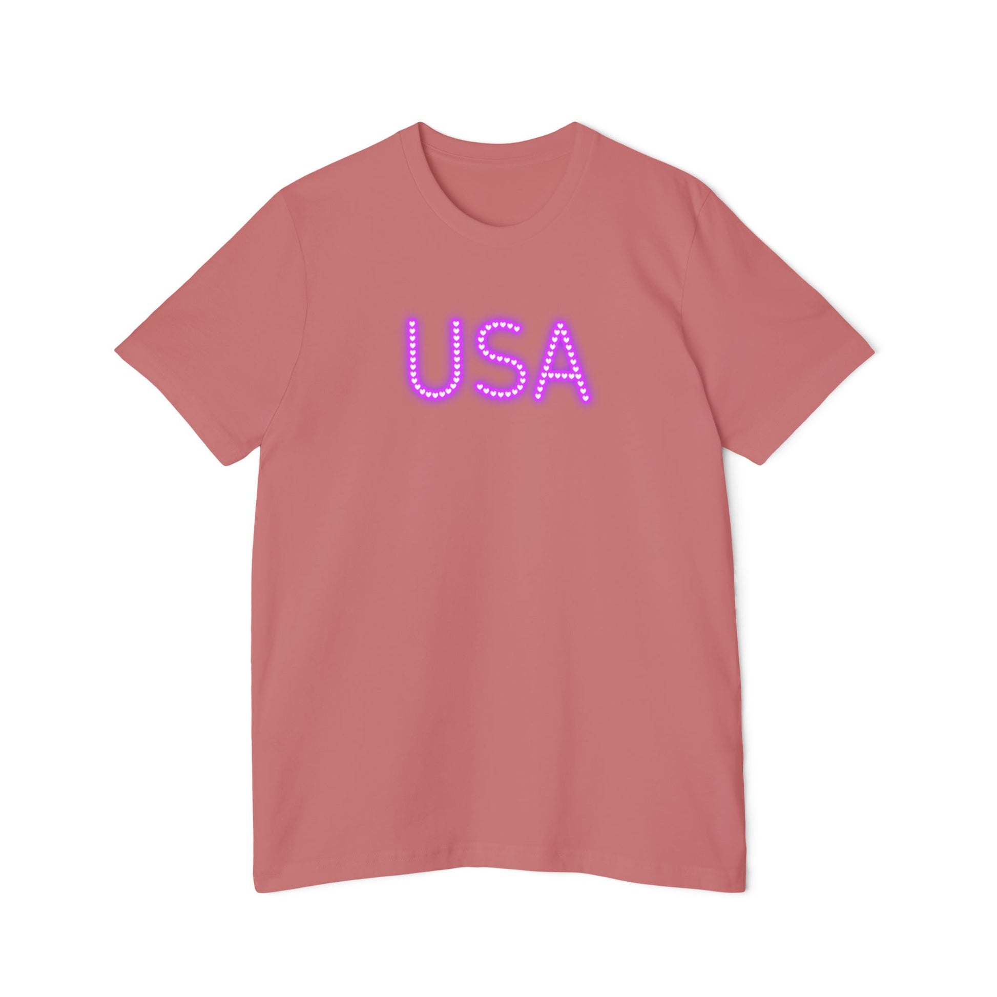 Pink-colored t-shirt featuring the word 'USA' in bold, neon purple letters with a dotted design