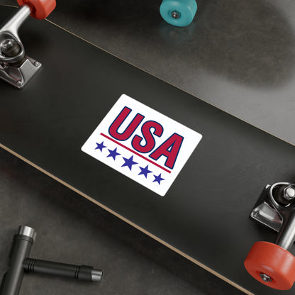 Red USA letters with 5 blue stars underneath car vinyl decal displayed on a skate board